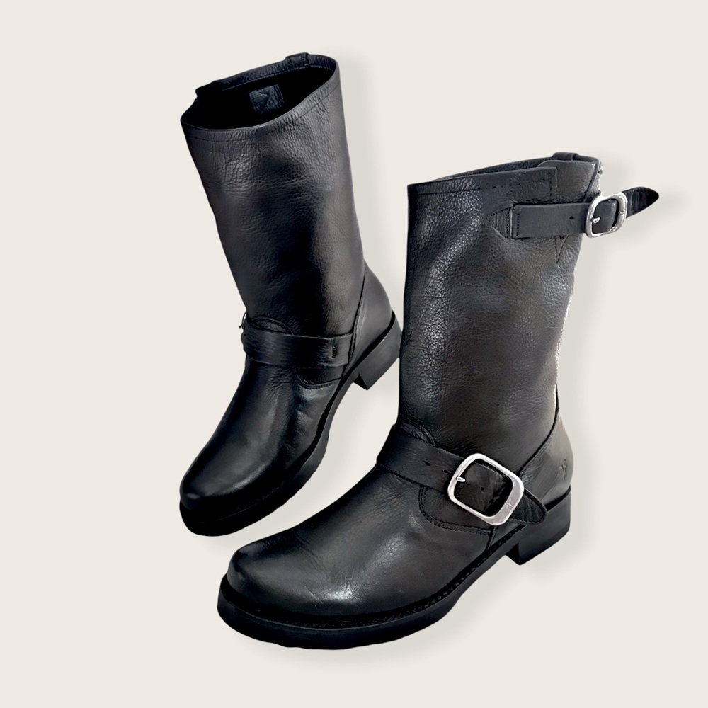 Frye Veronica Short Belted Black Leather Popular Moto Vintage Combat Ankle Boot - Picture 11 of 16